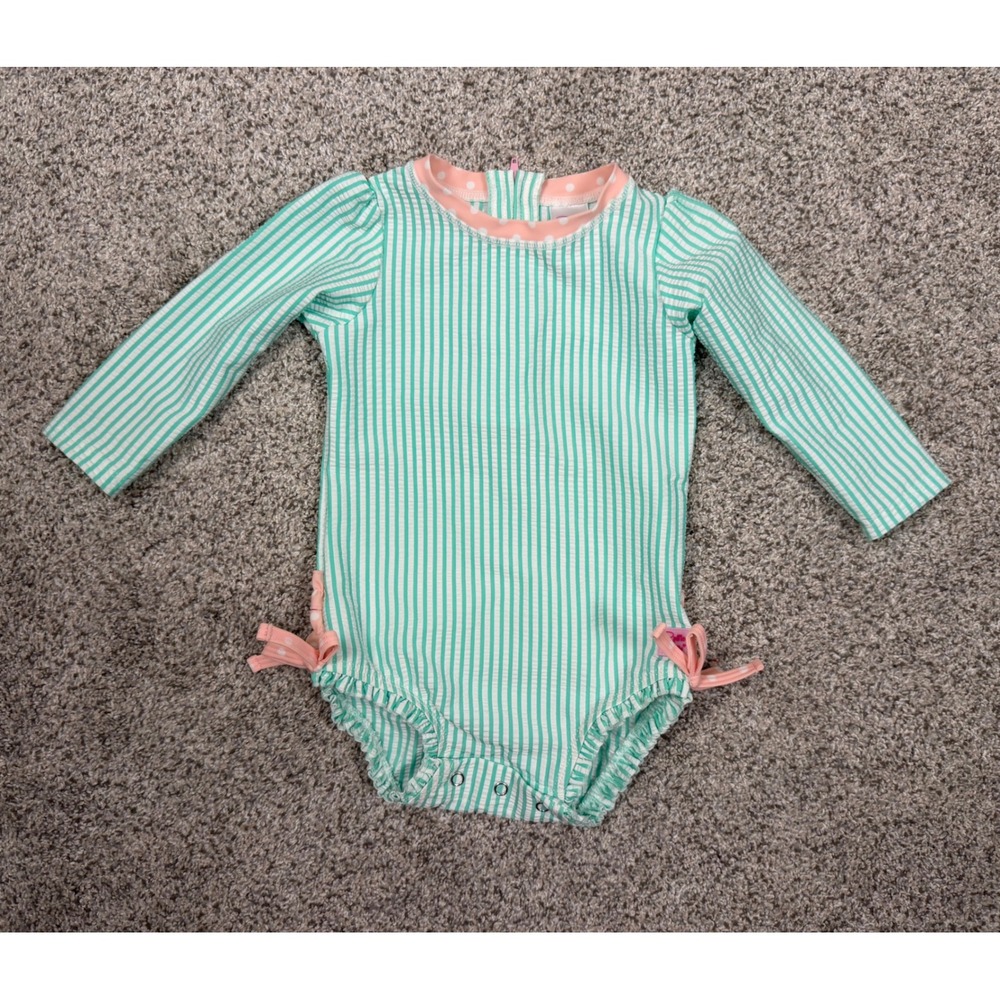 RuffleButts Swimsuit Seersucker 12-18m Mint Green Stripe Ruffle Bottom One Piece